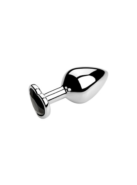 Black heart jewel metal butt plug on a reflective surface, ideal for enhancing anal play.