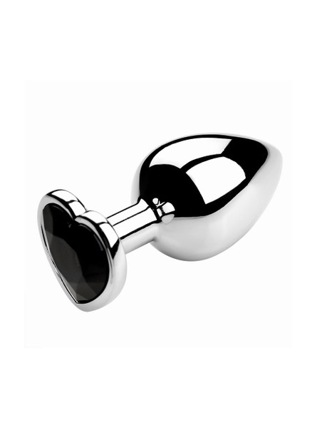 Elegant metal butt plug with a romantic black heart jewel, perfect for gift-giving or personal indulgence.