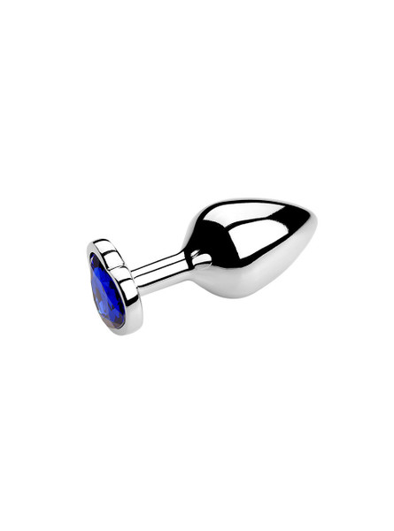 Blue heart jewel metal butt plug on a reflective surface, ideal for enhancing anal play.