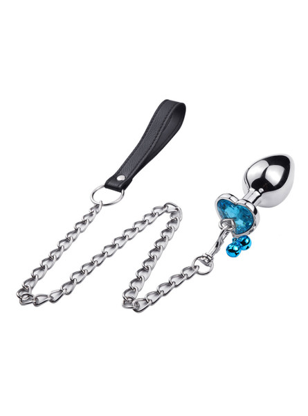 Blue Gem Bell Metal Butt Plug with Leash product view