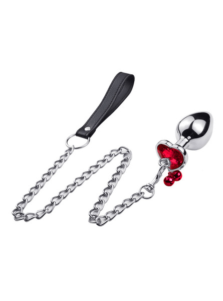 Red Gem Bell Metal Butt Plug with Leash product view