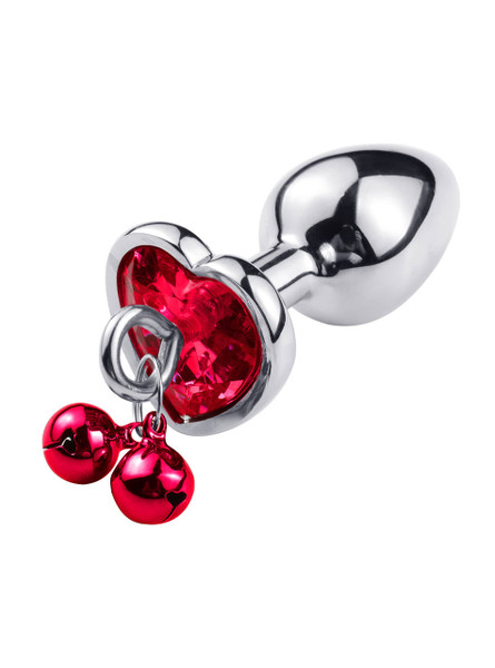 Red Heart Jewel Metal Butt Plug with small blue bells