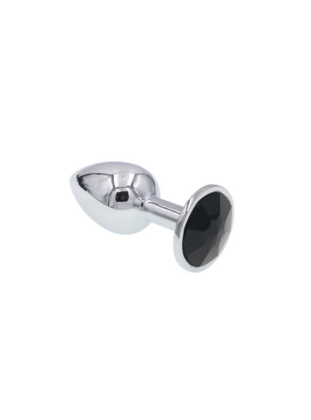 Polished zinc alloy butt plug with a black round jewel at the base, showcasing its reflective surface and smooth, tapered design.