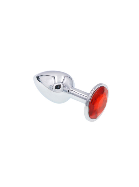 Polished zinc alloy butt plug with a red round jewel at the base, showcasing its reflective surface and smooth, tapered design.