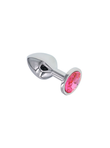 Polished zinc alloy butt plug with a pink round jewel at the base, showcasing its reflective surface and smooth, tapered design.