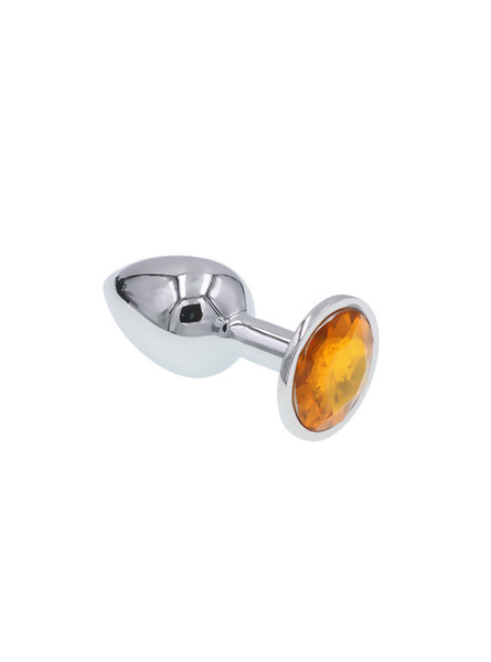 Polished zinc alloy butt plug with a orange round jewel at the base, showcasing its reflective surface and smooth, tapered design.