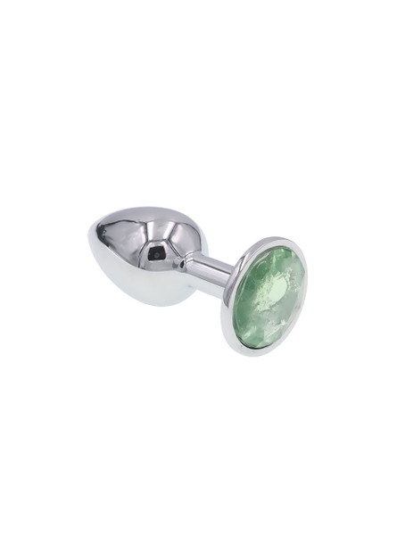 Polished zinc alloy butt plug with a light green round jewel at the base, showcasing its reflective surface and smooth, tapered design.