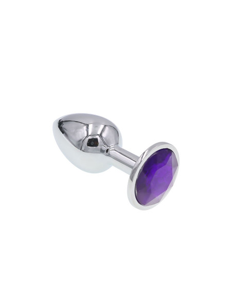 Polished zinc alloy butt plug with a purple round jewel at the base, showcasing its reflective surface and smooth, tapered design.