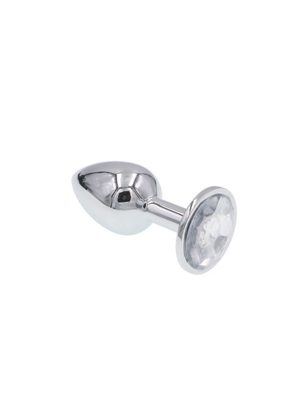 Polished zinc alloy butt plug with a white round jewel at the base, showcasing its reflective surface and smooth, tapered design.