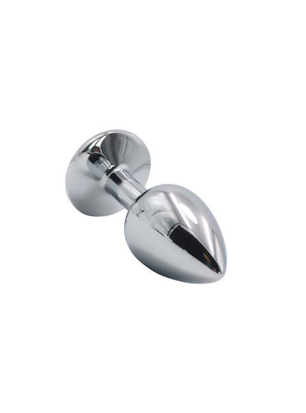 Side view of a zinc alloy butt plug with a round jewel, highlighting the sleek design and shiny finish.