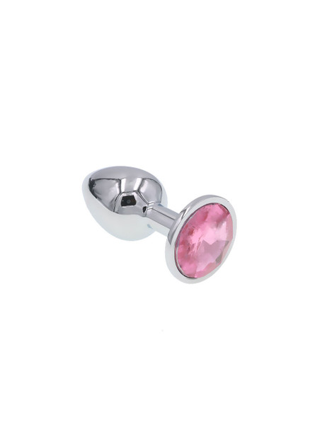 Polished zinc alloy butt plug with a light pink round jewel at the base, showcasing its reflective surface and smooth, tapered design.