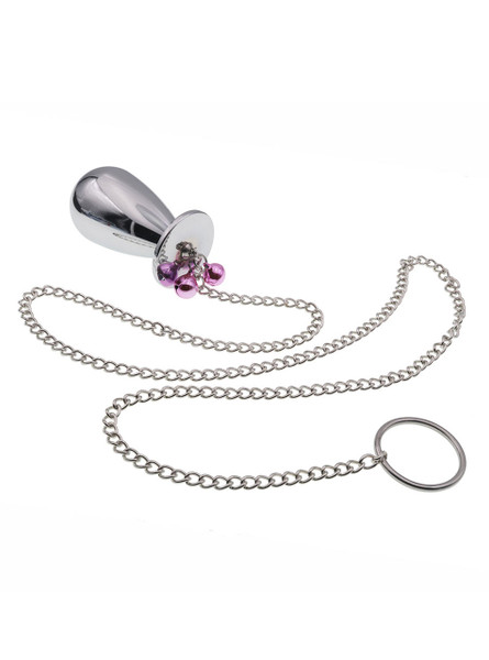 Large aluminum butt plug with a leash and pink chimes, showing dimensions and weight for clear specification.