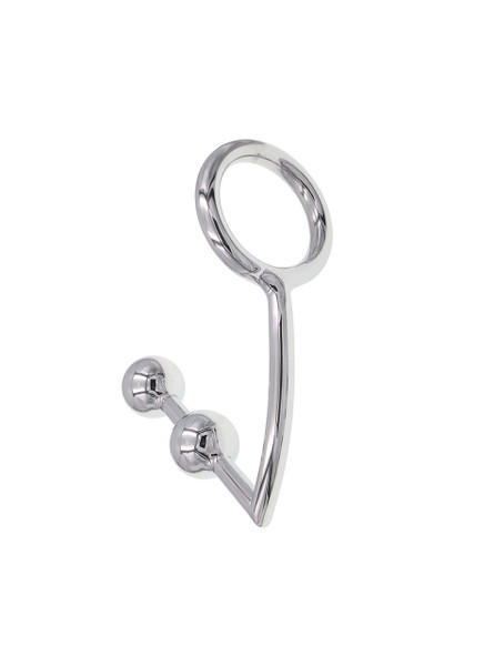 The Lollipop Stainless Steel Dual-Ball Anal Hook with detailed view highlighting its dual functionality as an anal hook and penis ring.