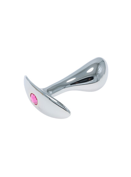 Thumb-shaped metal butt plug set with pink gems, reflecting luxury and comfort.