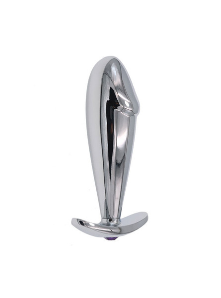 Silver penis-shaped butt plug with a gem at the base