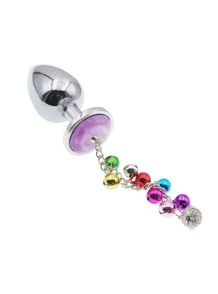 Jewel Sleigh Bell Butt Plug with purple gem and multicolored beads ending in a silver charm