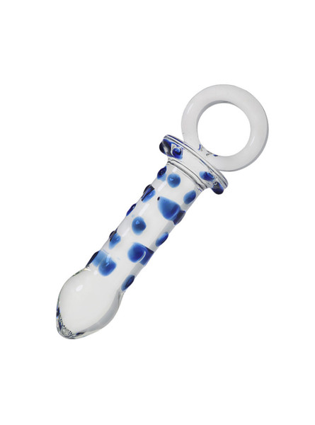 Blue Orb Ring Dildo Glass Butt Plug - front view with detailed blue orbs for enhanced stimulation.