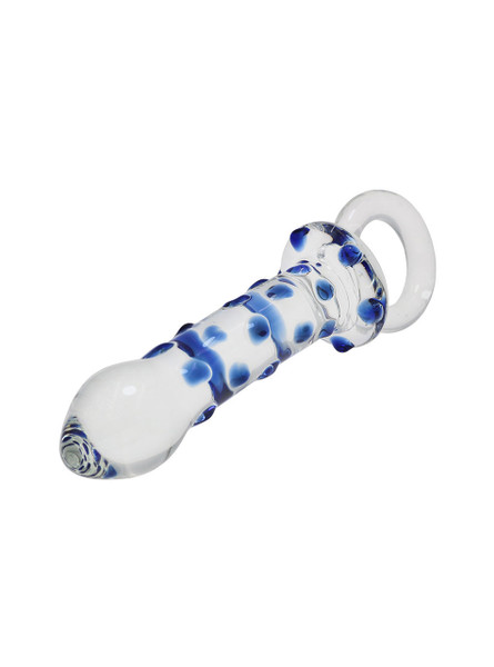 Functional and stylish Blue Orb Ring Dildo Glass Butt Plug in use, demonstrating its versatility and stimulation features.