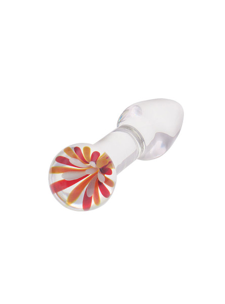 Lotus Crystal Glass Butt Plug featuring a translucent body with an intricate lotus flower design encapsulated at the base. Offers a smooth, tapered tip for easy insertion and a flared base for safe anal play.