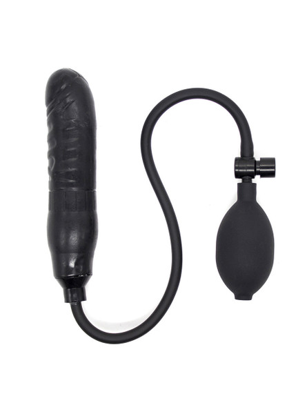 Expandable Black Rubber Dildo Butt Plug with handheld pump for customizable and realistic anal stimulation.