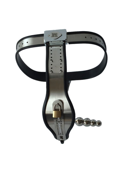 The Lollipop Female Chastity Belt with Anal Bead, showcasing the stainless steel construction