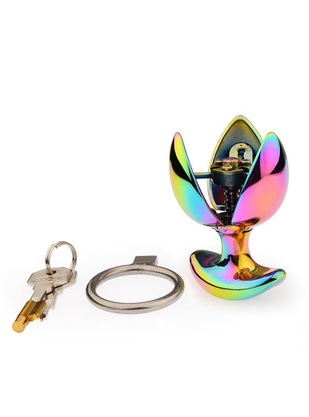 Lockable Stainless Steel Anal Plug with keys, showcasing its expandable petals.