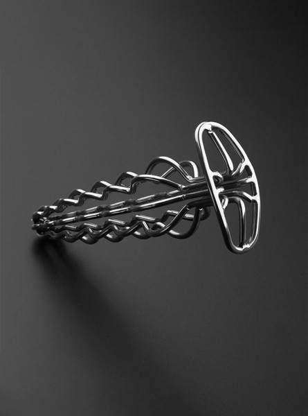 Close-up of the ergonomic base and smooth hollow structure of the stainless steel anal plug.