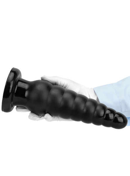 Large ribbed black PVC anal plug with multiple bulbs for deep stretching.