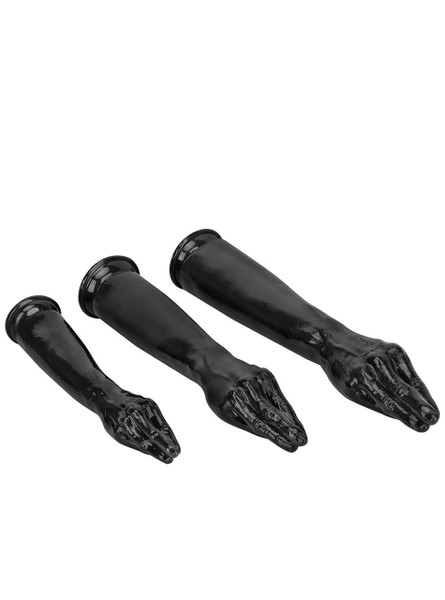 Multiple sizes of the black forearm & fist dildo, tailored for experienced users and extreme stretching.