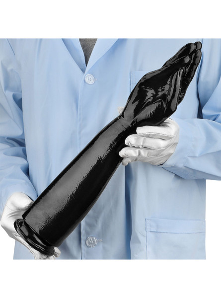 Side view of the black forearm dildo, highlighting its thick forearm and detailed fist design.