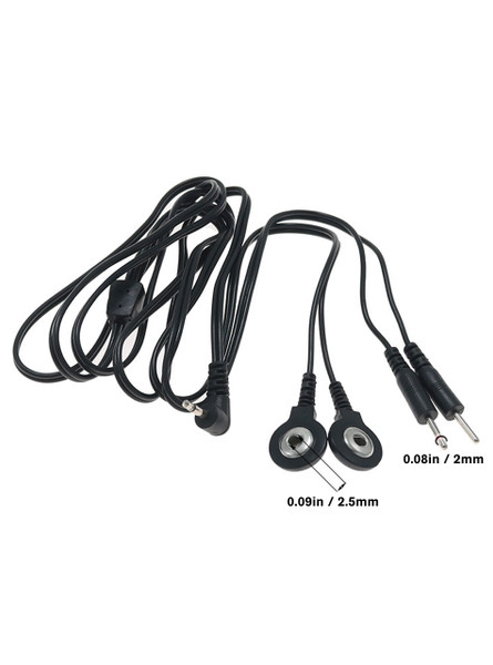 Close-up of the snap and pin connectors on the Dual Pin and Snap E-Stim Cable.