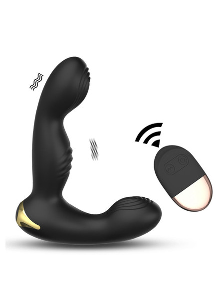 Black dual-motor prostate massager with curved design