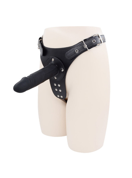 Adjustable strap-on harness with black realistic dildo