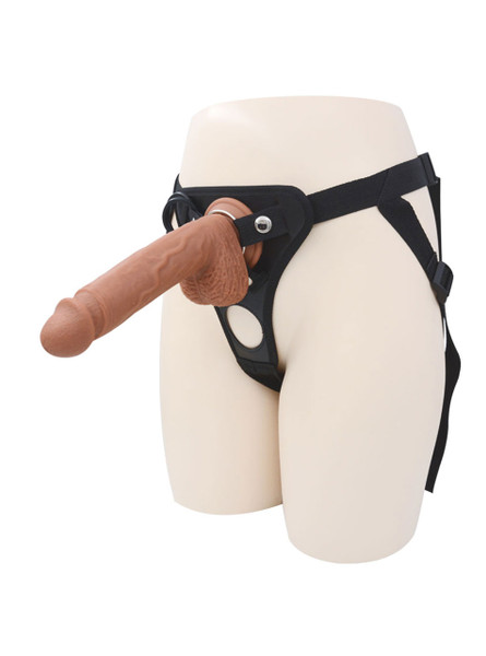 Black strap-on harness with large straight realistic dildo