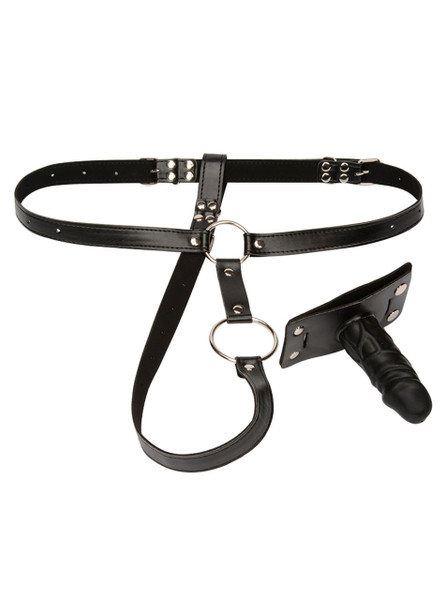 Black strap-on harness with detachable silicone anal plug and leatherette O-ring design