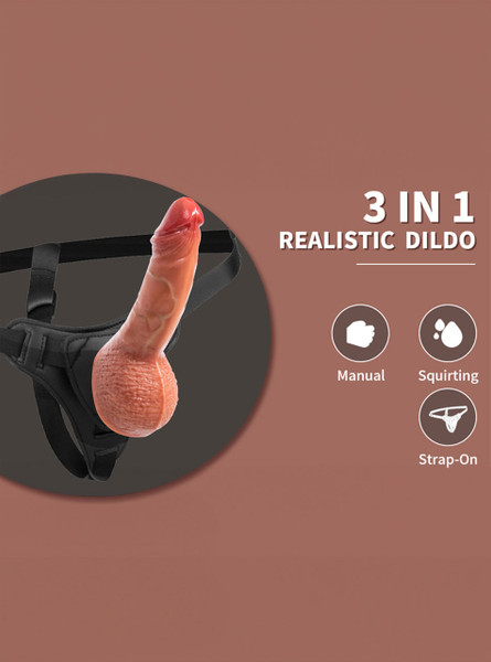 3-in-1 dildo showing manual, squirting, and strap-on harness compatibility.