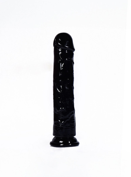 Deep black dildo with realistic shaft and suction base standing upright