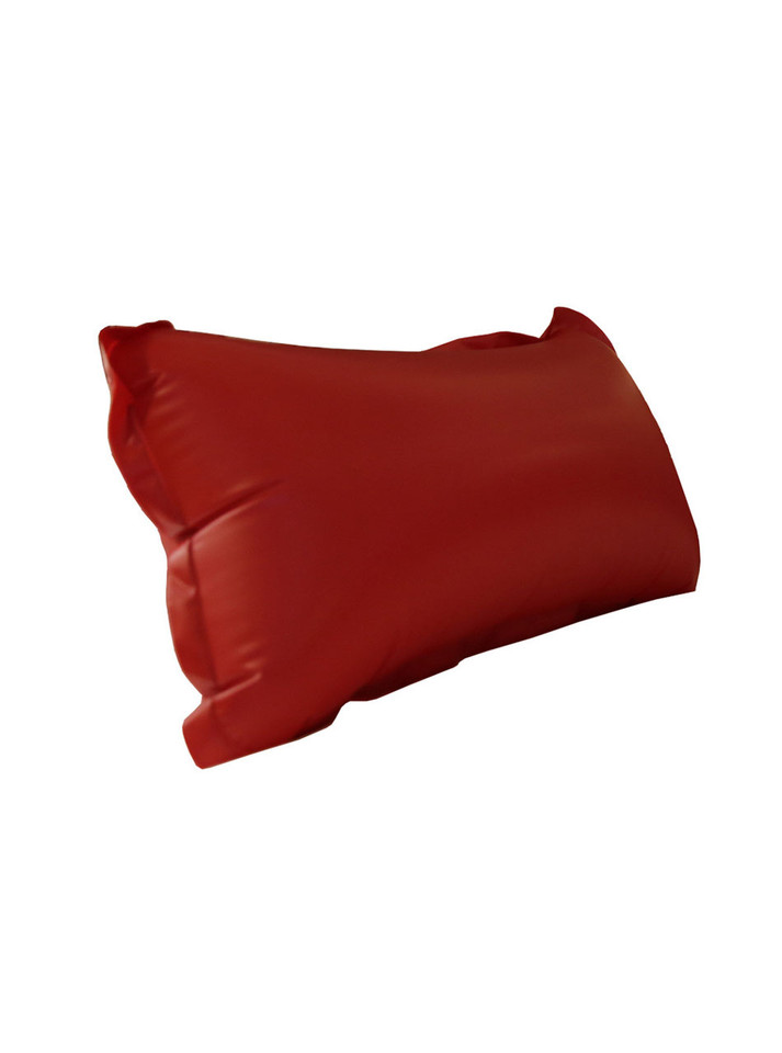 Red inflatable sex pillow shown fully inflated with rounded shape.