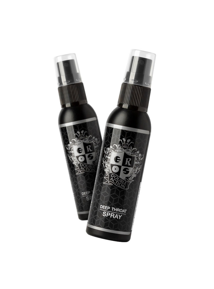 Two bottles of EROS Deep Throat Spray standing side by side for double pleasure