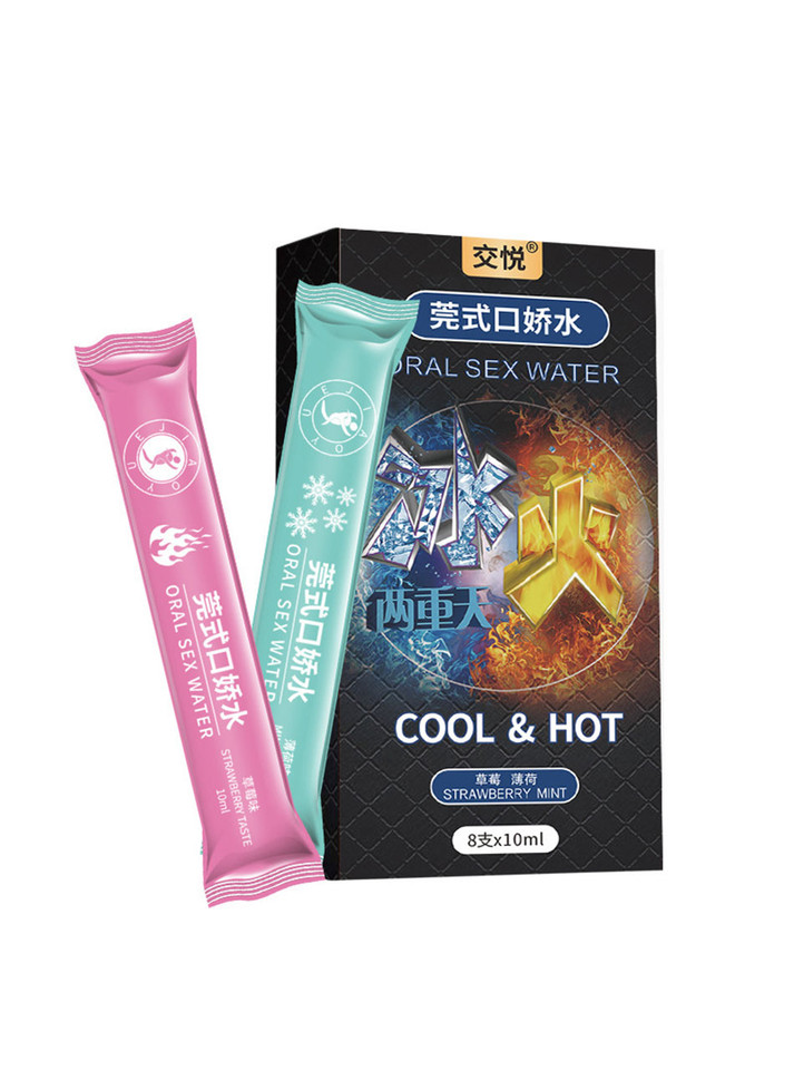 Strawberry Mint Oral Sex Water sachets displayed beside bold COOL & HOT packaging