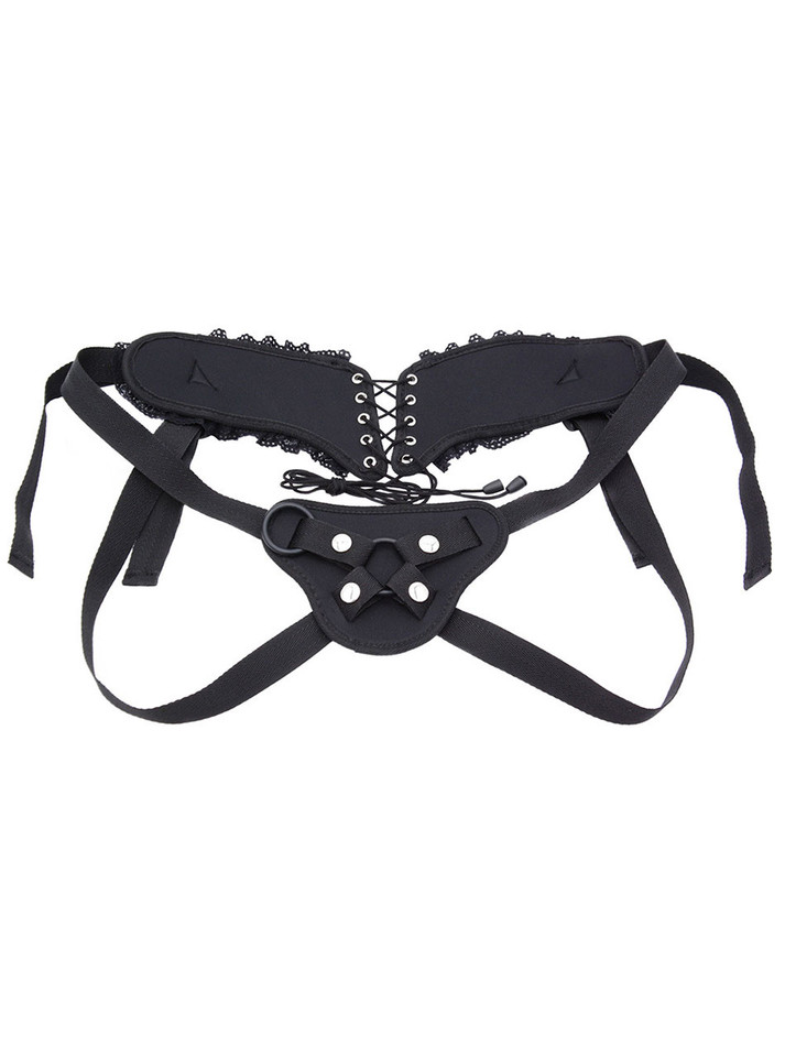 Black neoprene strap-on harness with lace-up corset back and adjustable straps