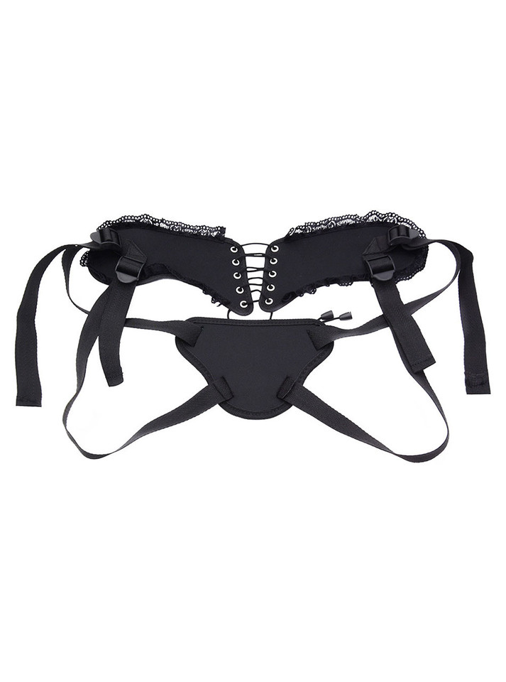 Rear view of neoprene strap-on harness showing secure fit and lace trim details
