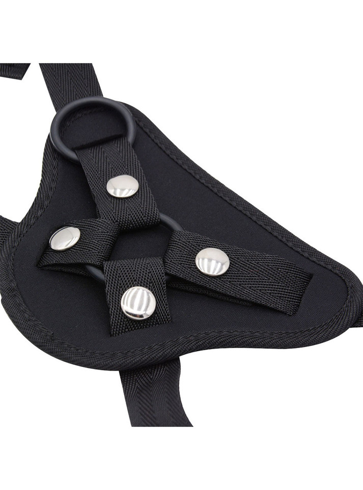 Close-up of interchangeable O-ring and snap straps on front neoprene harness panel