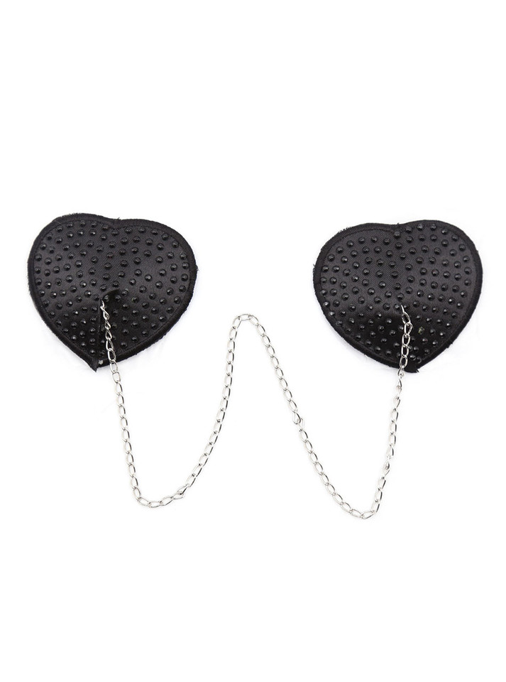 Black heart-shaped nipple pasties with connecting chain