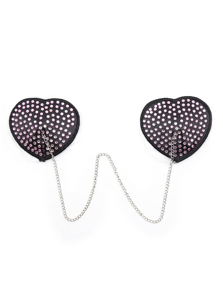 Pink rhinestone heart nipple pasties with silver chain