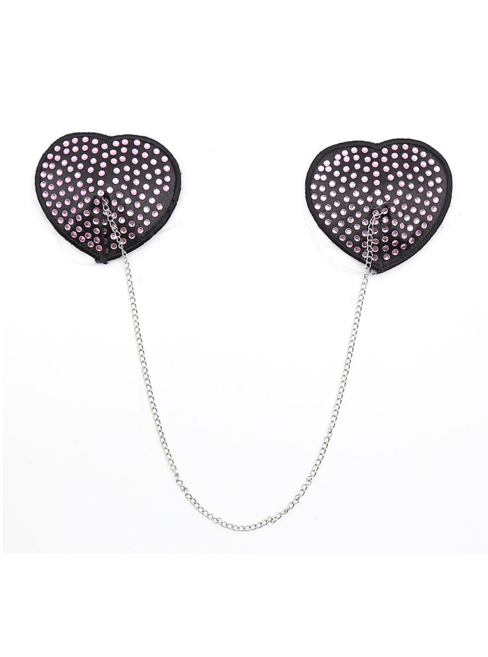 Pink rhinestone heart nipple pasties with silver chain