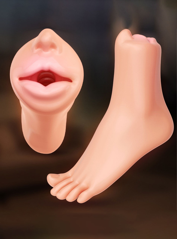Foot fetish stroker with oral opening and tight sole tunnel for cock worship