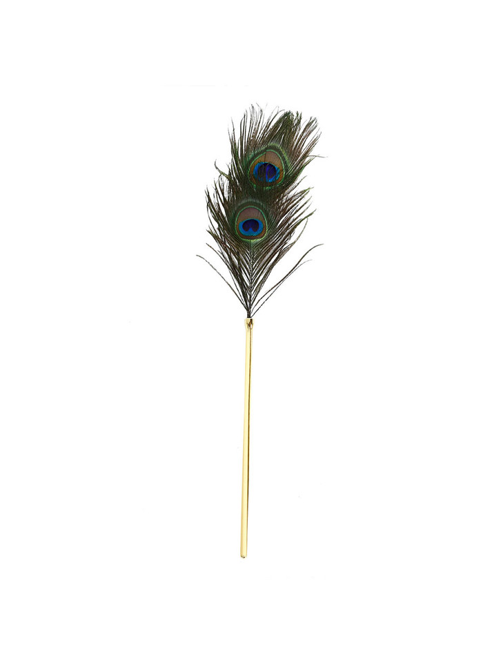 Vertical peacock feather tickler showing two colorful feather eyes and handle