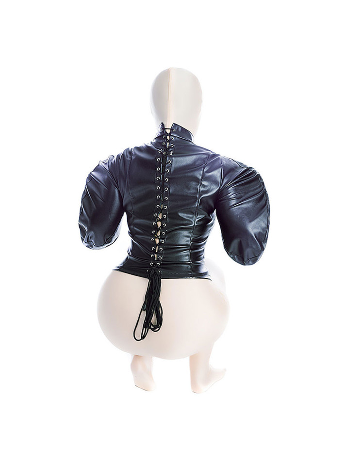 Back view of black faux leather arm binder straitjacket with puff sleeves and corset lacing