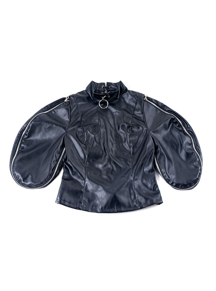Laid flat black arm binder straitjacket showing puffed sleeves and zipper details